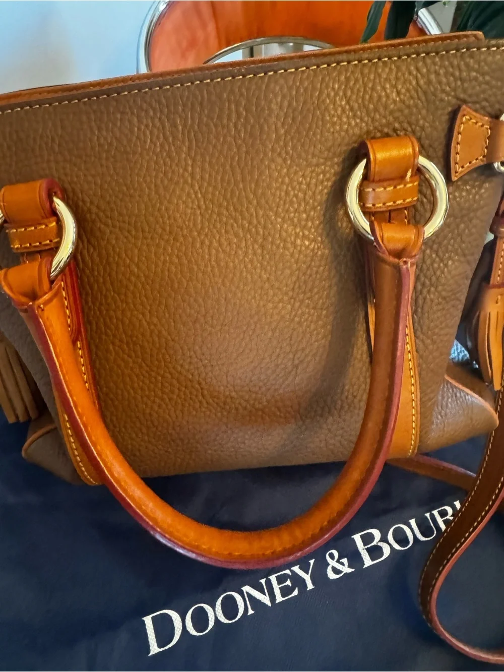 Dooney & Bourke Cognac Brown Pebbled Leather Satchel with Orange Trim